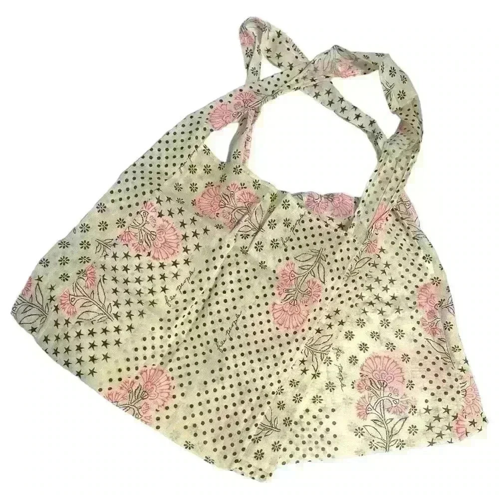 Lot of 2 Free People gauze tote shopping bags floral dots stars pink & black